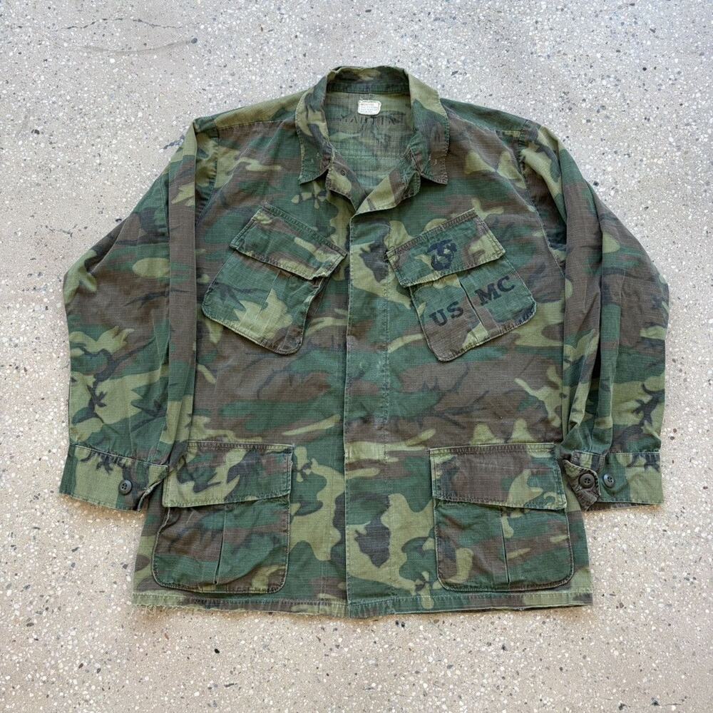 Vintage 50s USMC Camo Military Slant Pocket Shirt Jacket